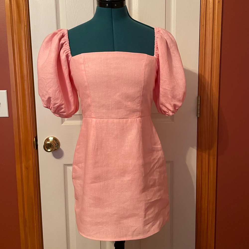 Verge Girl pink linen mini dress puff sleeves ruched back size 4 (Aus 8)